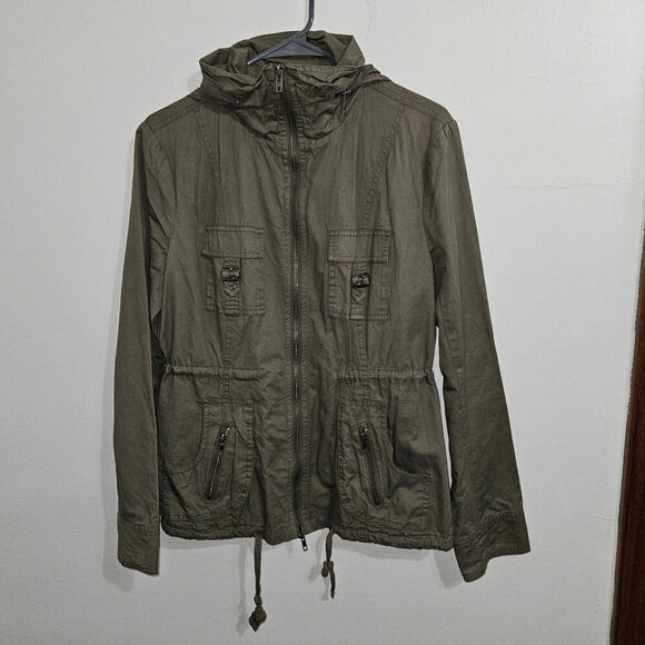 Monoreno Jackets & Blazers - MONORENO Green Cotton Twill Double Zip Hooded Utility Jacket. Size Large.